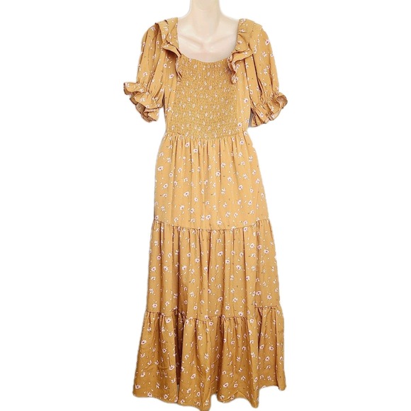 JessaKae Smocked Ruffle Sleeve Floral Cottagecore Midi Dress Mustard Yellow XS - Picture 3 of 9